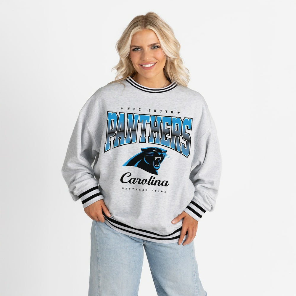 Carolina Panthers Gameday Couture Women's Oversized Gridiron Drive Ringer Stripe Sweatshirt | NFL Outlet