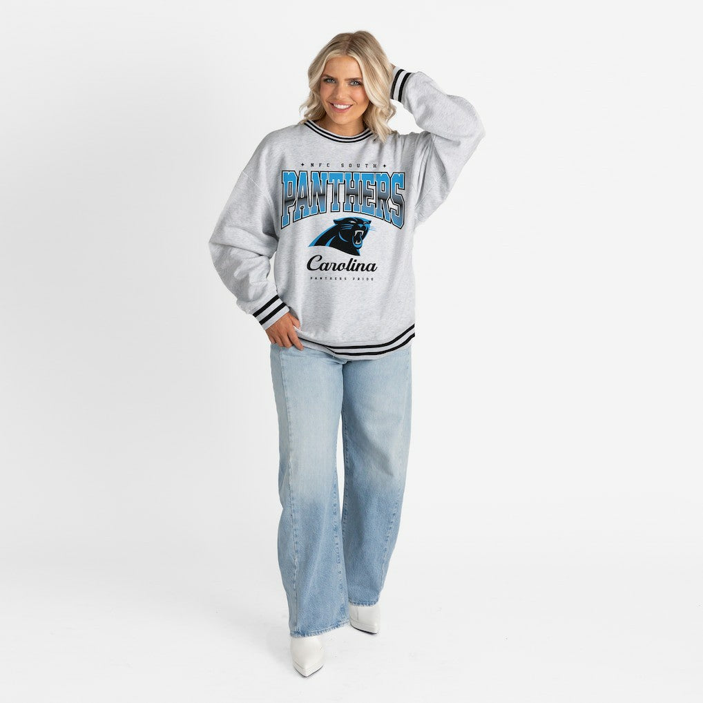 Carolina Panthers Gameday Couture Women's Oversized Gridiron Drive Ringer Stripe Sweatshirt | NFL Outlet