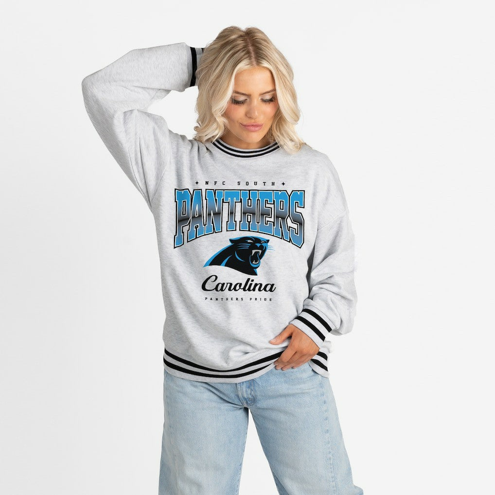 Carolina Panthers Gameday Couture Women's Oversized Gridiron Drive Ringer Stripe Sweatshirt | NFL Outlet