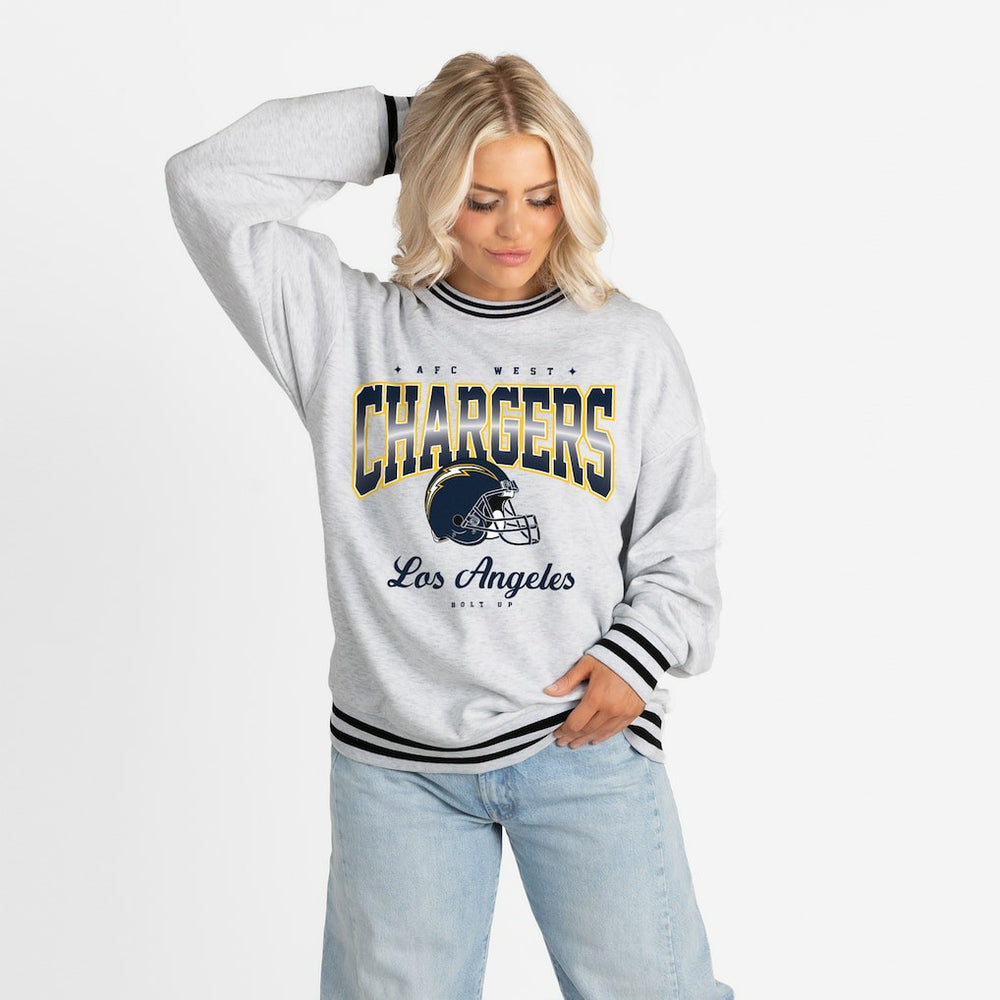 Los Angeles Chargers Gameday Couture Women's Oversized Gridiron Drive Ringer Stripe Sweatshirt | NFL Hot
