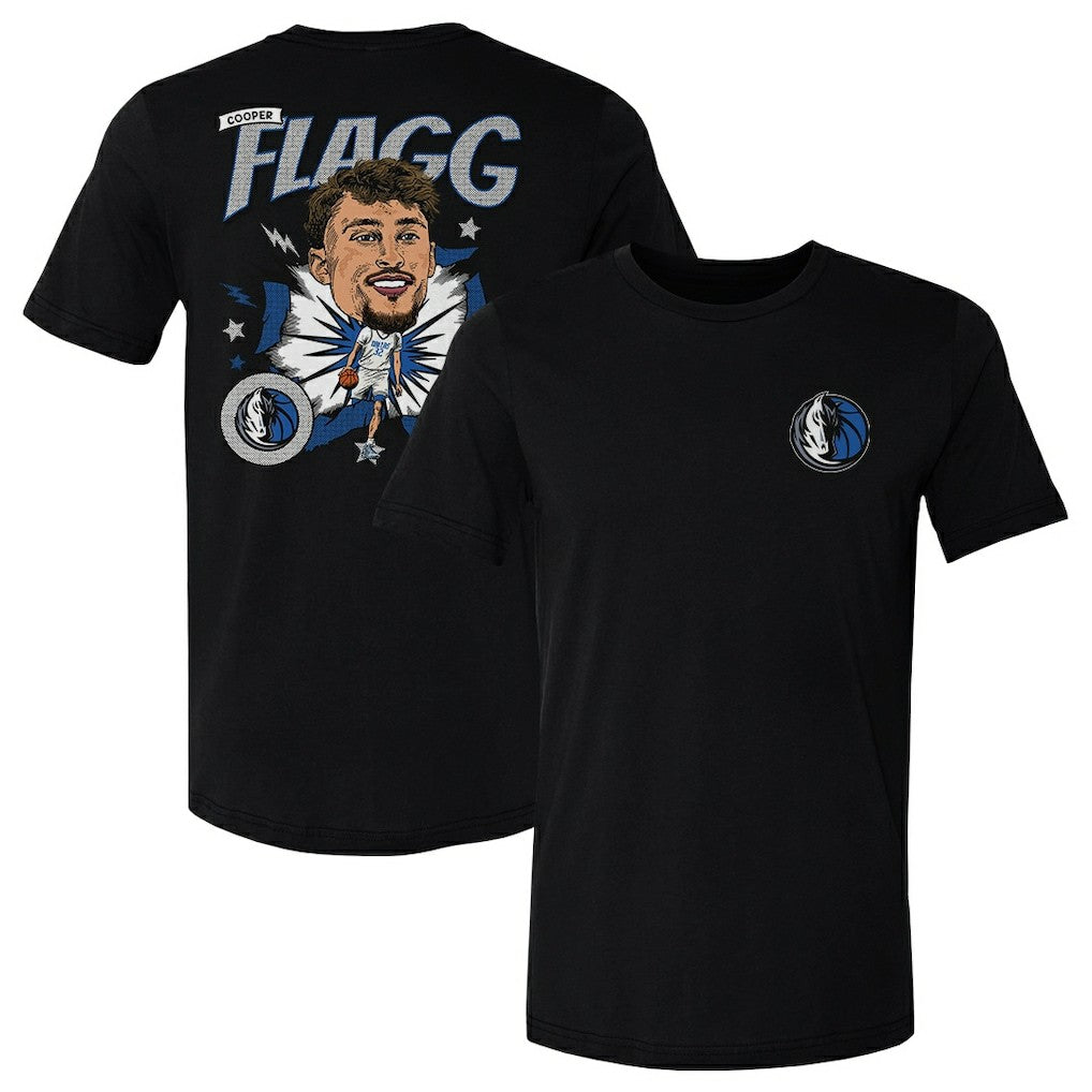 Black Cooper Flagg Dallas Mavericks 500 Level Caricature T-Shirt sale | NBA