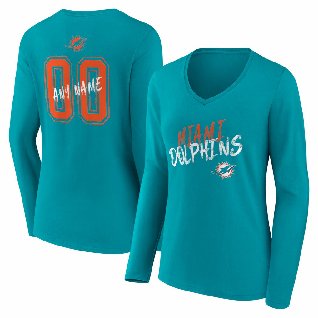 Miami Dolphins Women's Hustle Personalized Name & Number Long Sleeve V-Neck T-Shirt | NFL Sale