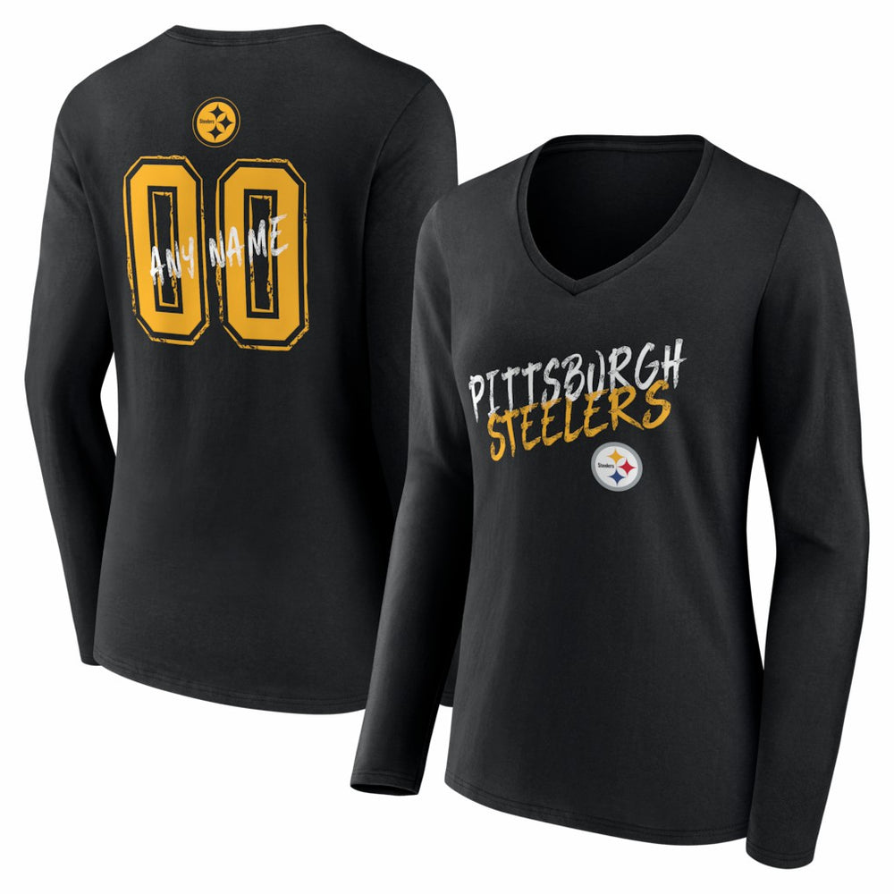 Pittsburgh Steelers Women's Hustle Personalized Name & Number Long Sleeve V-Neck T-Shirt | NFL Sale