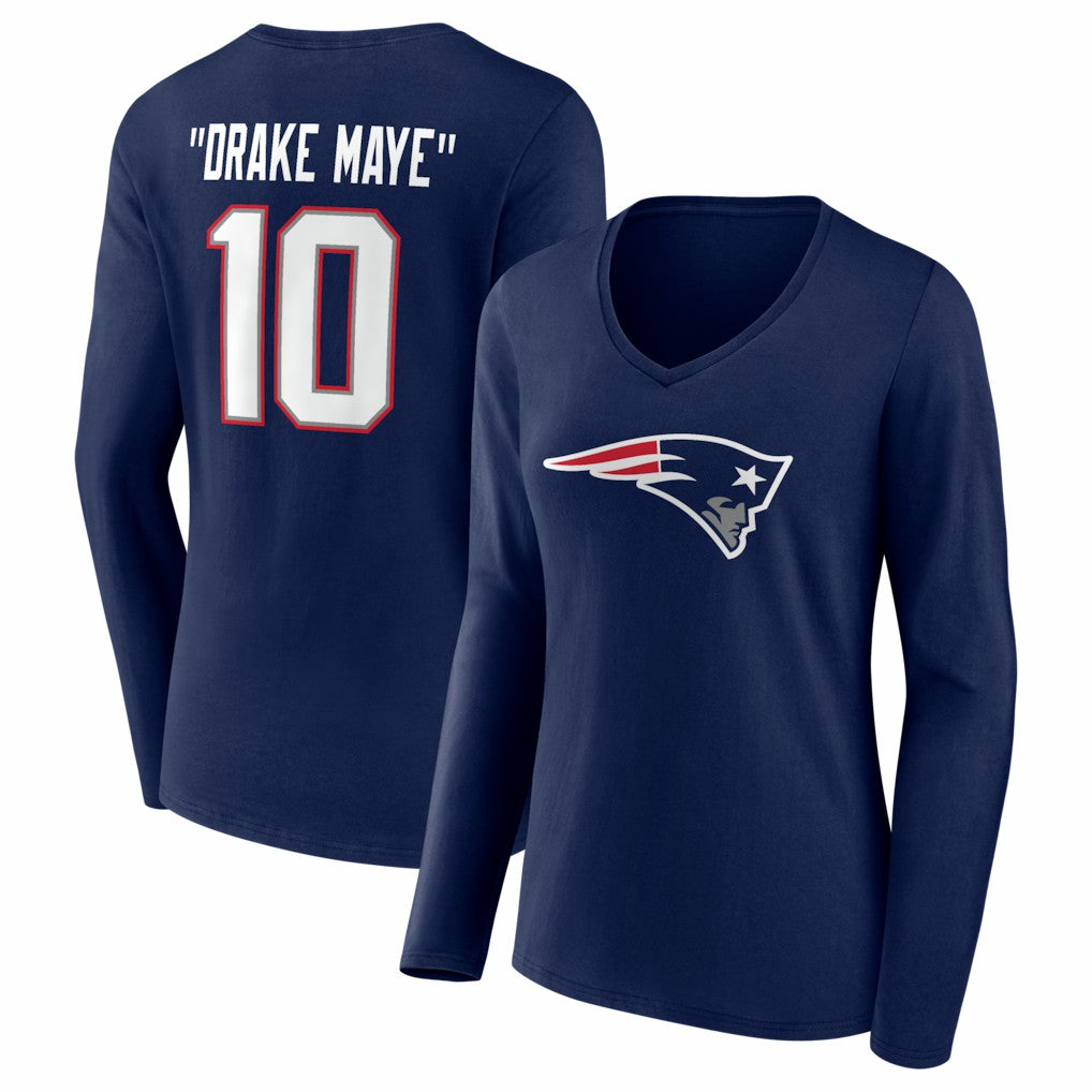 New England Patriots Drake Maye  Women's Nickname V-Neck Long Sleeve T-Shirt | NFL Sale
