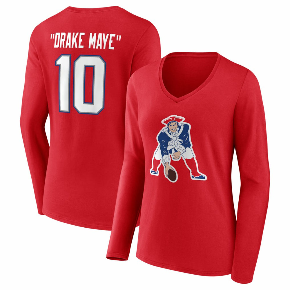 New England Patriots Drake Maye  Women's Nickname V-Neck Long Sleeve T-Shirt | NFL Outlet