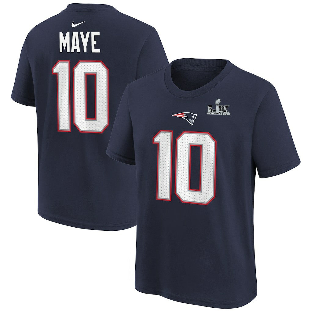 New England Patriots Drake Maye  Youth Super Bowl LX Patch Name & Number T-Shirt | NFL Hot