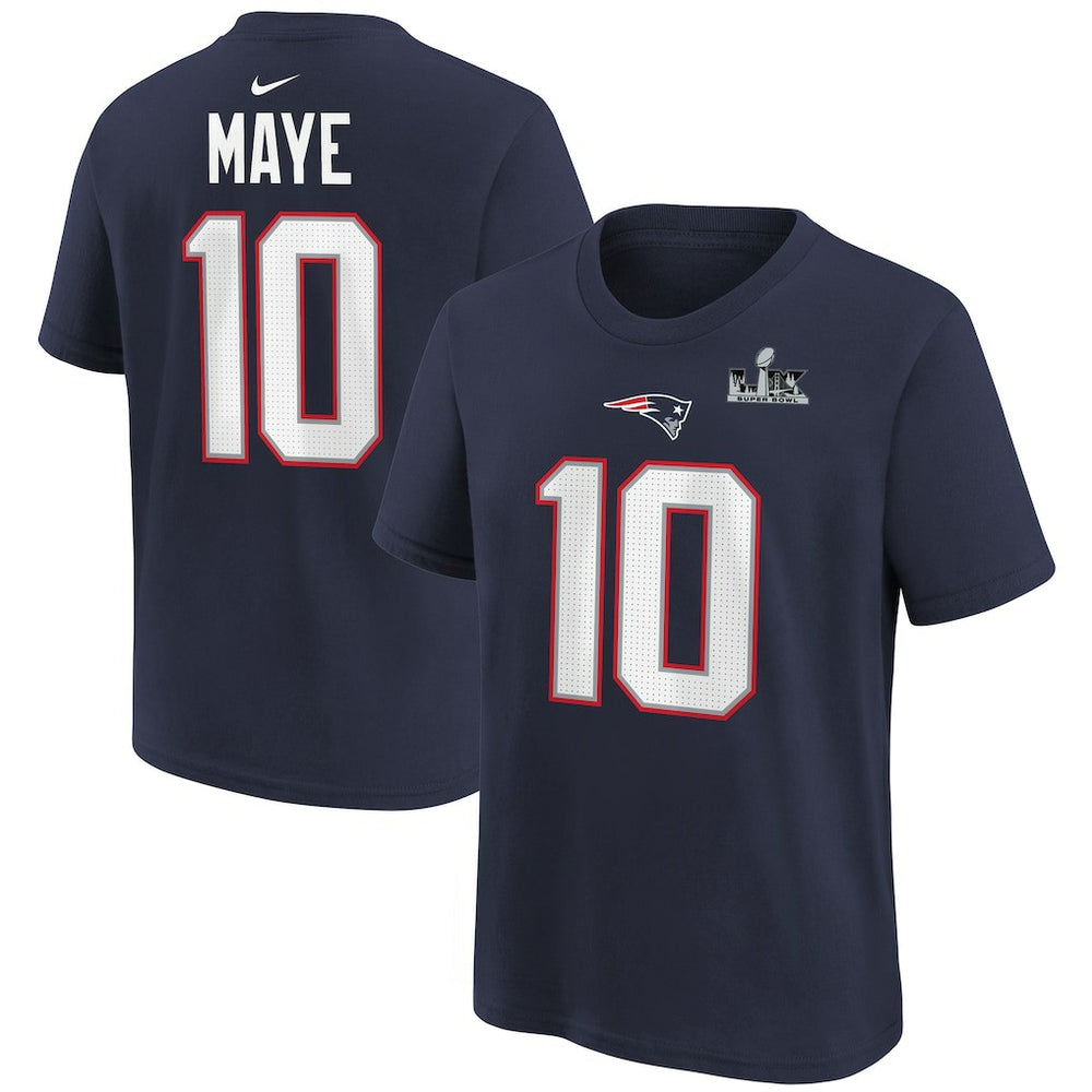 New England Patriots Drake Maye  Youth Super Bowl LX Patch Name & Number T-Shirt | NFL Hot