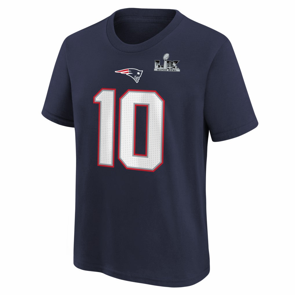 New England Patriots Drake Maye  Youth Super Bowl LX Patch Name & Number T-Shirt | NFL Hot