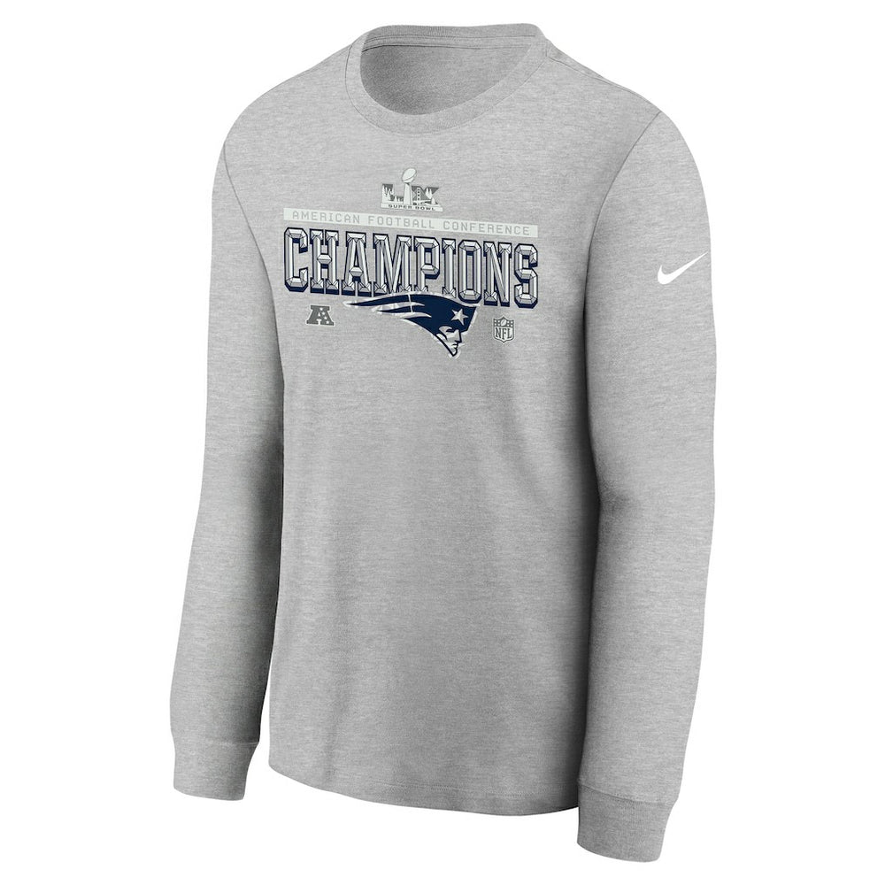 New England Patriots Youth 2025 AFC Champions Locker Room Trophy Collection Long Sleeve T-Shirt | NFL Hot