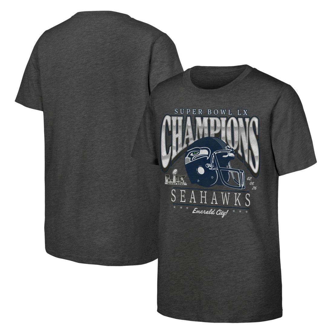 Seattle Seahawks Youth Super Bowl LX Champions Prestigious Run Helmet T-Shirt | NFL On sale