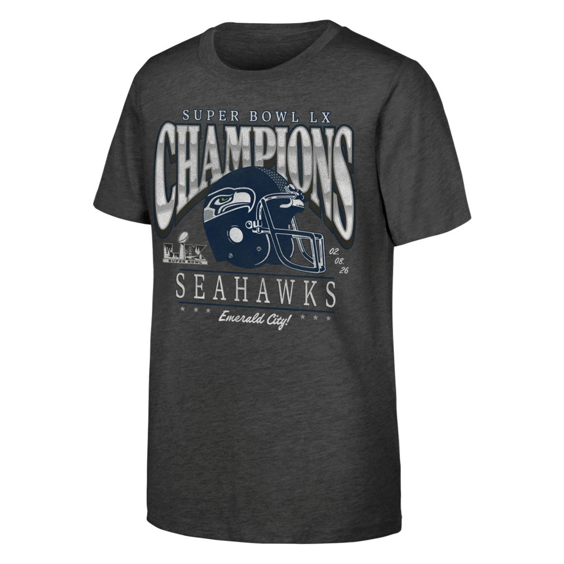 Seattle Seahawks Youth Super Bowl LX Champions Prestigious Run Helmet T-Shirt | NFL On sale