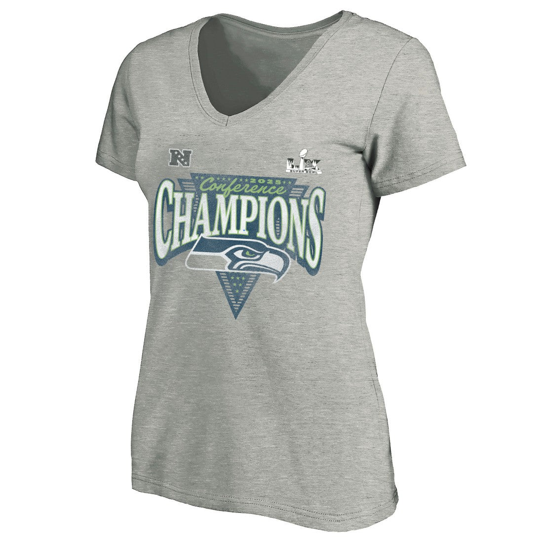 Seattle Seahawks Women's 2025 NFC Champions Plus Size Hail Mary Tri-Blend V-Neck T-Shirt | NFL Discount