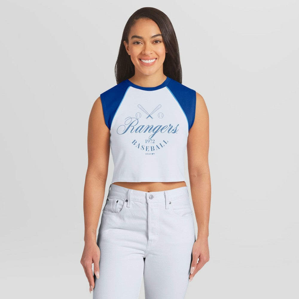 Texas Rangers WEAR by Erin Andrews Women's Cooperstown Cropped Raglan Tank Top - MLB Tanks