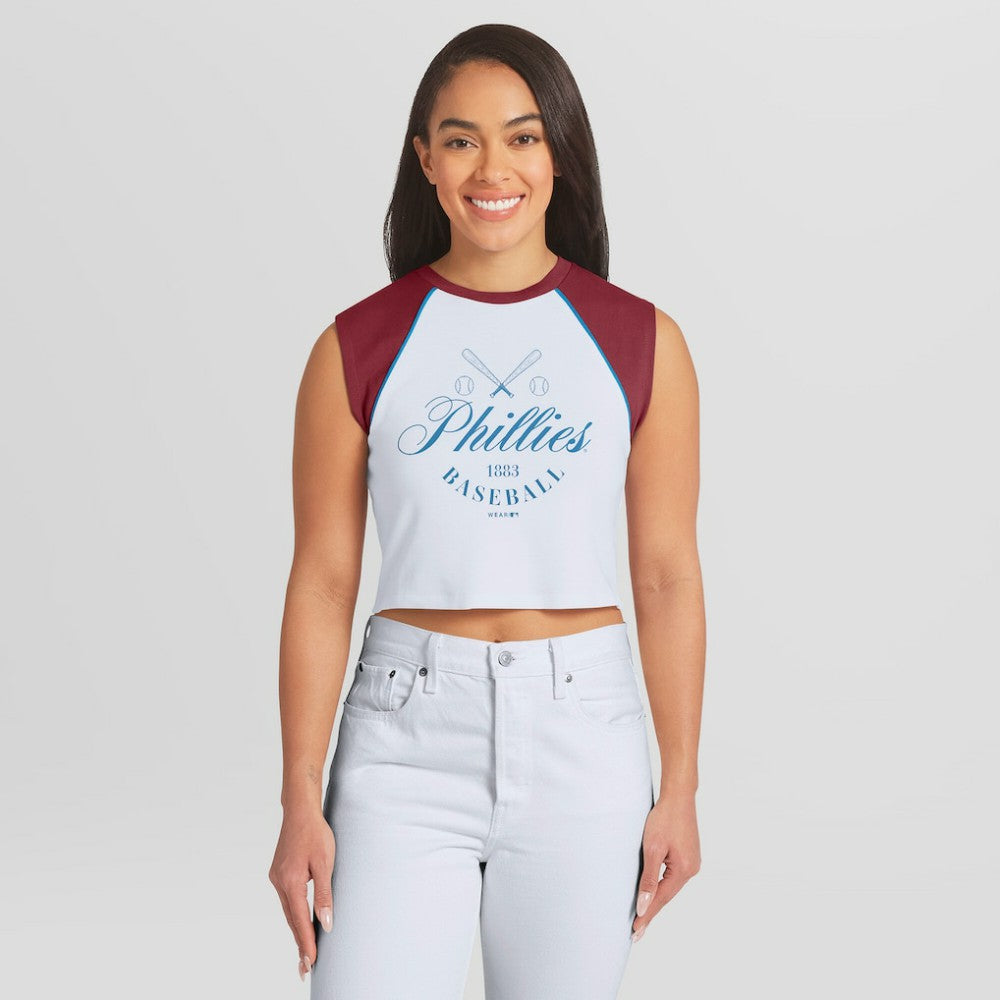 Philadelphia Phillies WEAR by Erin Andrews Women's Cooperstown Cropped Raglan Tank Top - MLB Tanks
