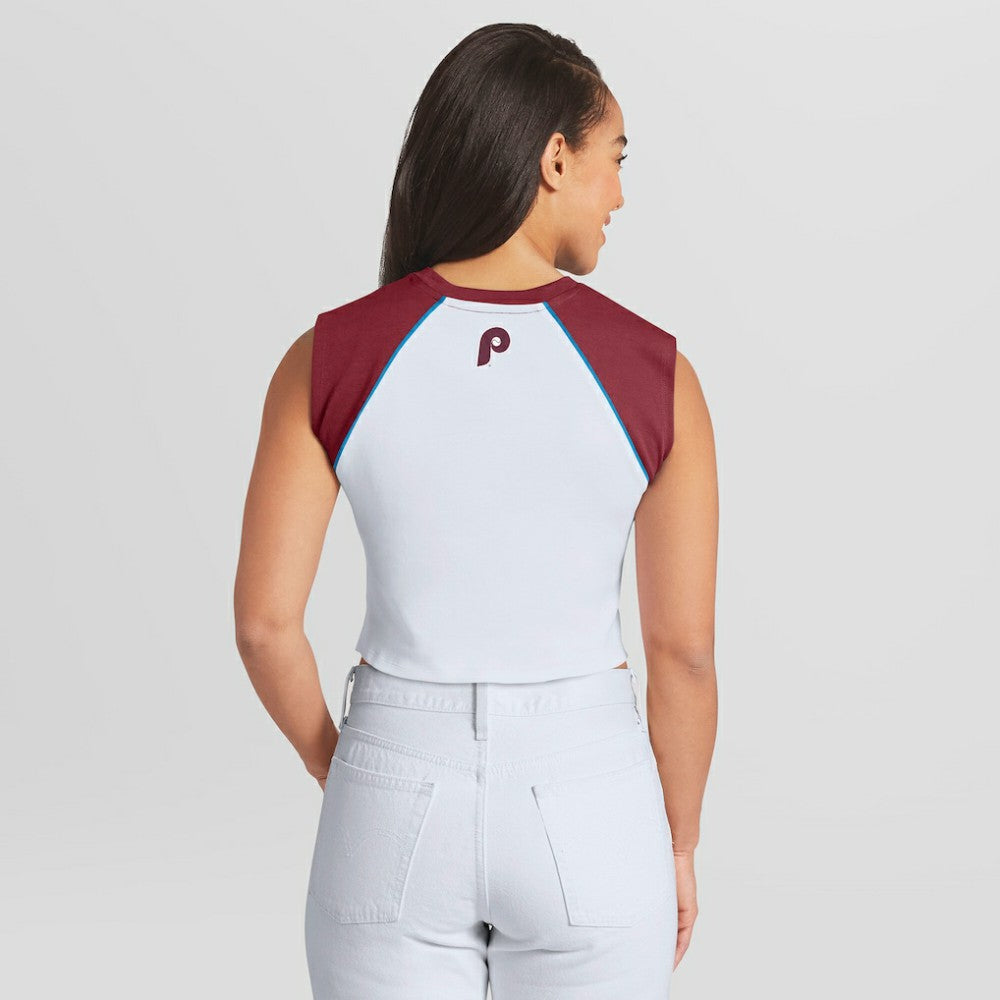 Philadelphia Phillies WEAR by Erin Andrews Women's Cooperstown Cropped Raglan Tank Top - MLB Tanks
