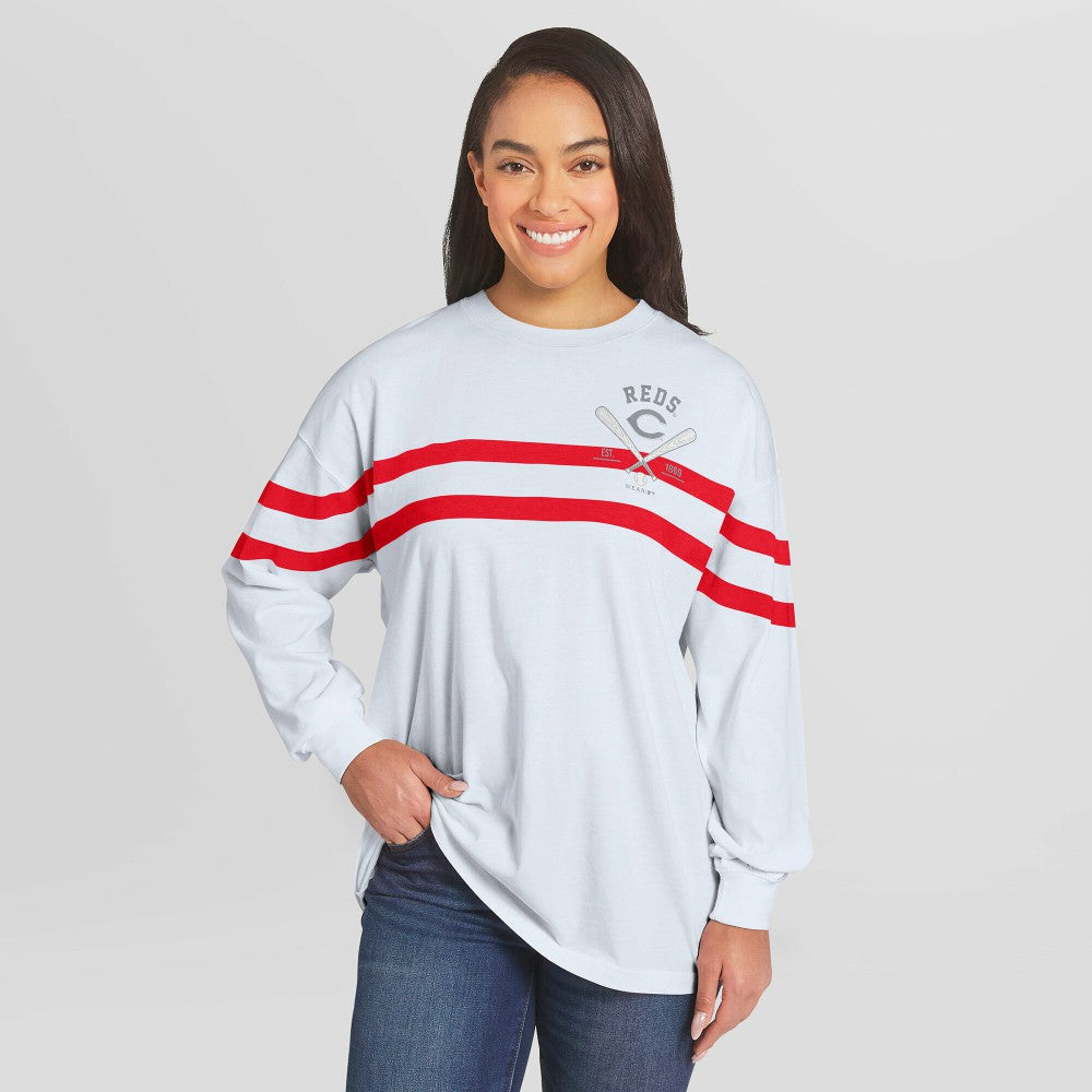 Cincinnati Reds WEAR by Erin Andrews Women's Oversized Long Sleeve Striped T-Shirt - MLB T-shirts