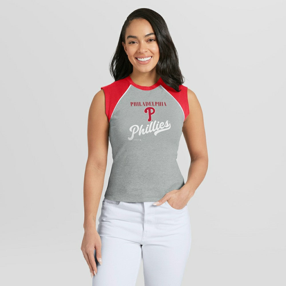 Philadelphia Phillies WEAR by Erin Andrews Women's Cropped Raglan Tank Top - MLB Tanks