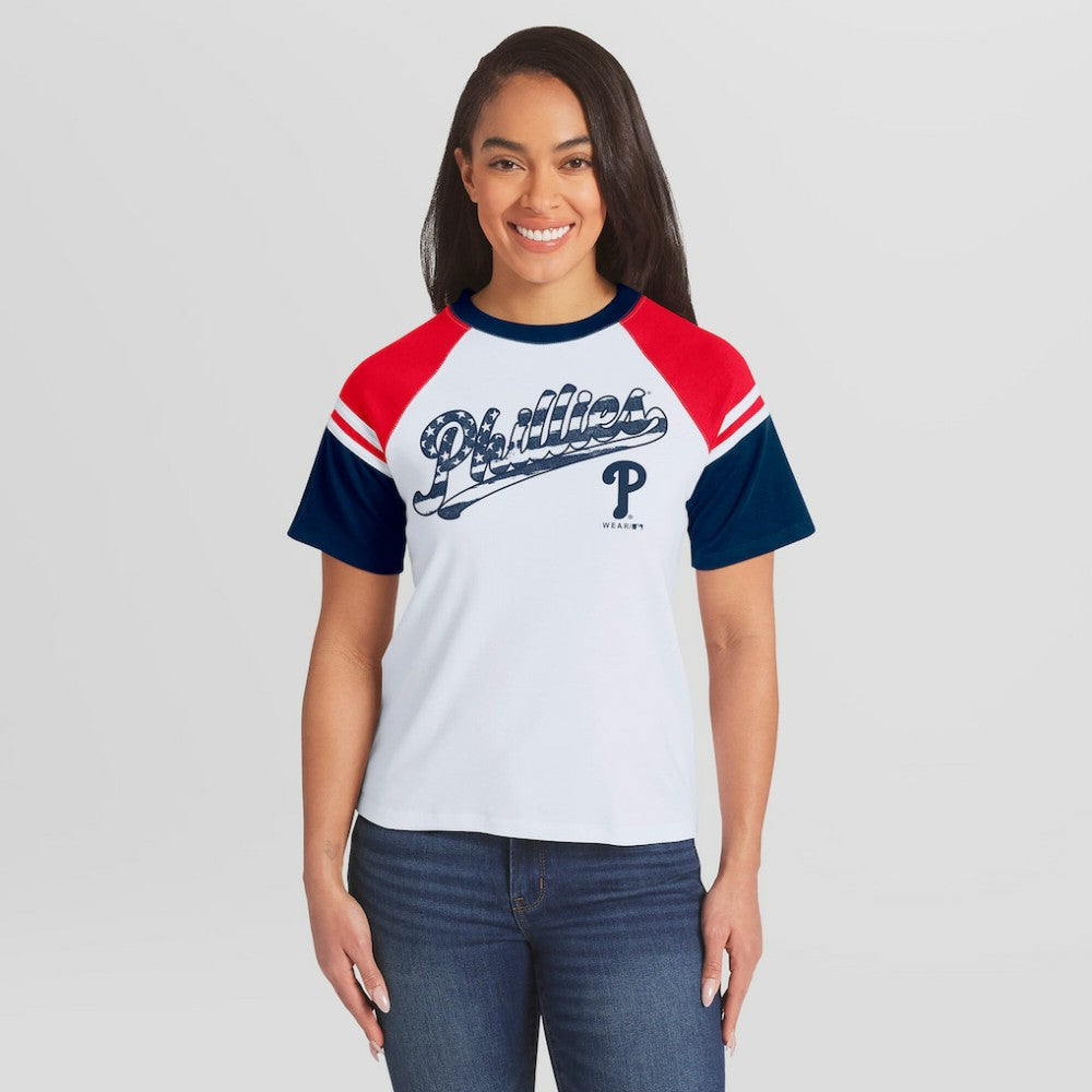 Philadelphia Phillies WEAR by Erin Andrews Women's Striped Raglan T-Shirt - MLB T-shirts