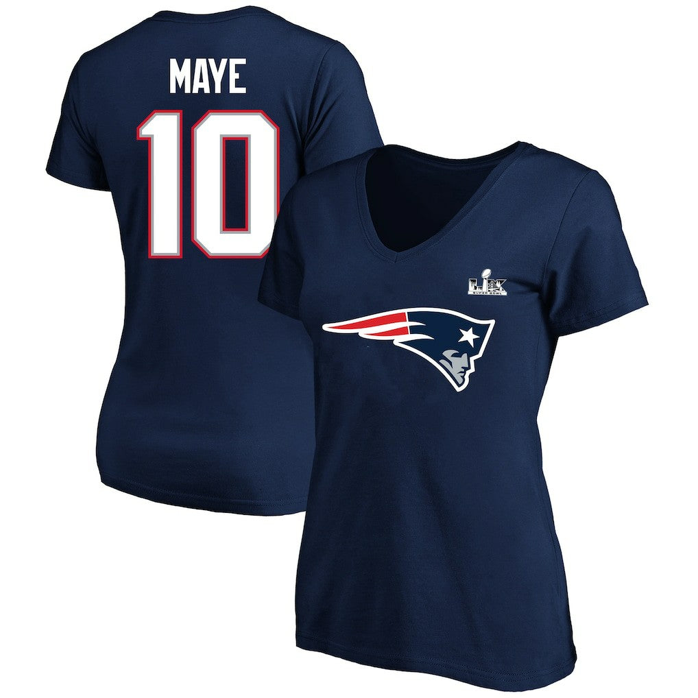 New England Patriots Drake Maye  Women's Super Bowl LX Patch Plus Size Name & Number V-Neck T-Shirt | NFL Discount