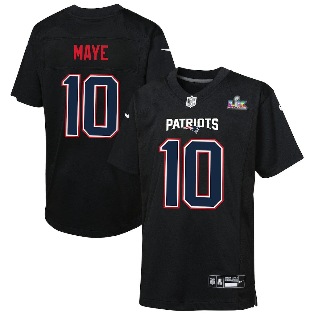 New England Patriots Drake Maye  Youth Super Bowl LX Patch Carbon Fashion Game Jersey | NFL On sale