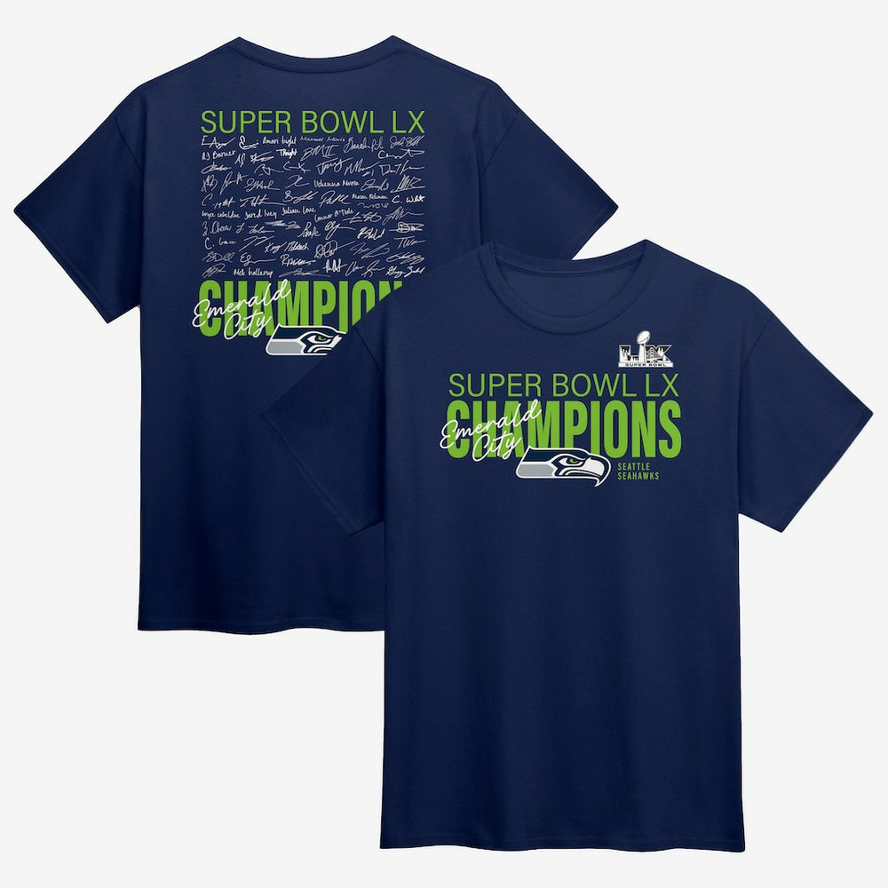 Seattle Seahawks Super Bowl LX Champions Big & Tall Autograph Signing Roster T-Shirt | NFL Online