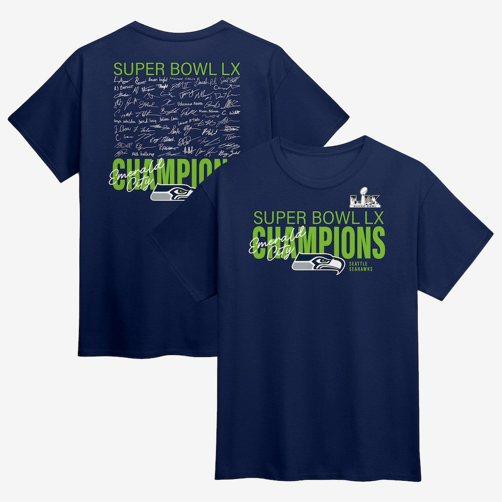 Seattle Seahawks Super Bowl LX Champions Big & Tall Autograph Signing Roster T-Shirt | NFL Online