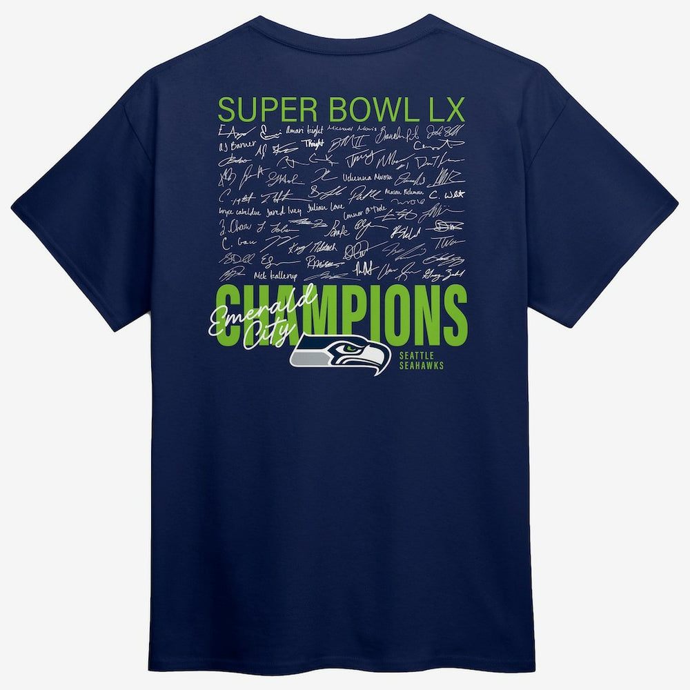 Seattle Seahawks Super Bowl LX Champions Big & Tall Autograph Signing Roster T-Shirt | NFL Online
