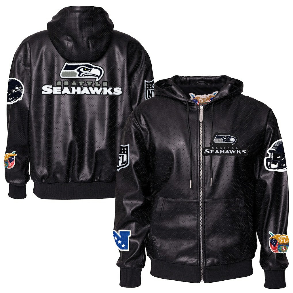 Seattle Seahawks Jeff Hamilton Vegan Leather Full-Zip Hooded Jacket | NFL Outlet