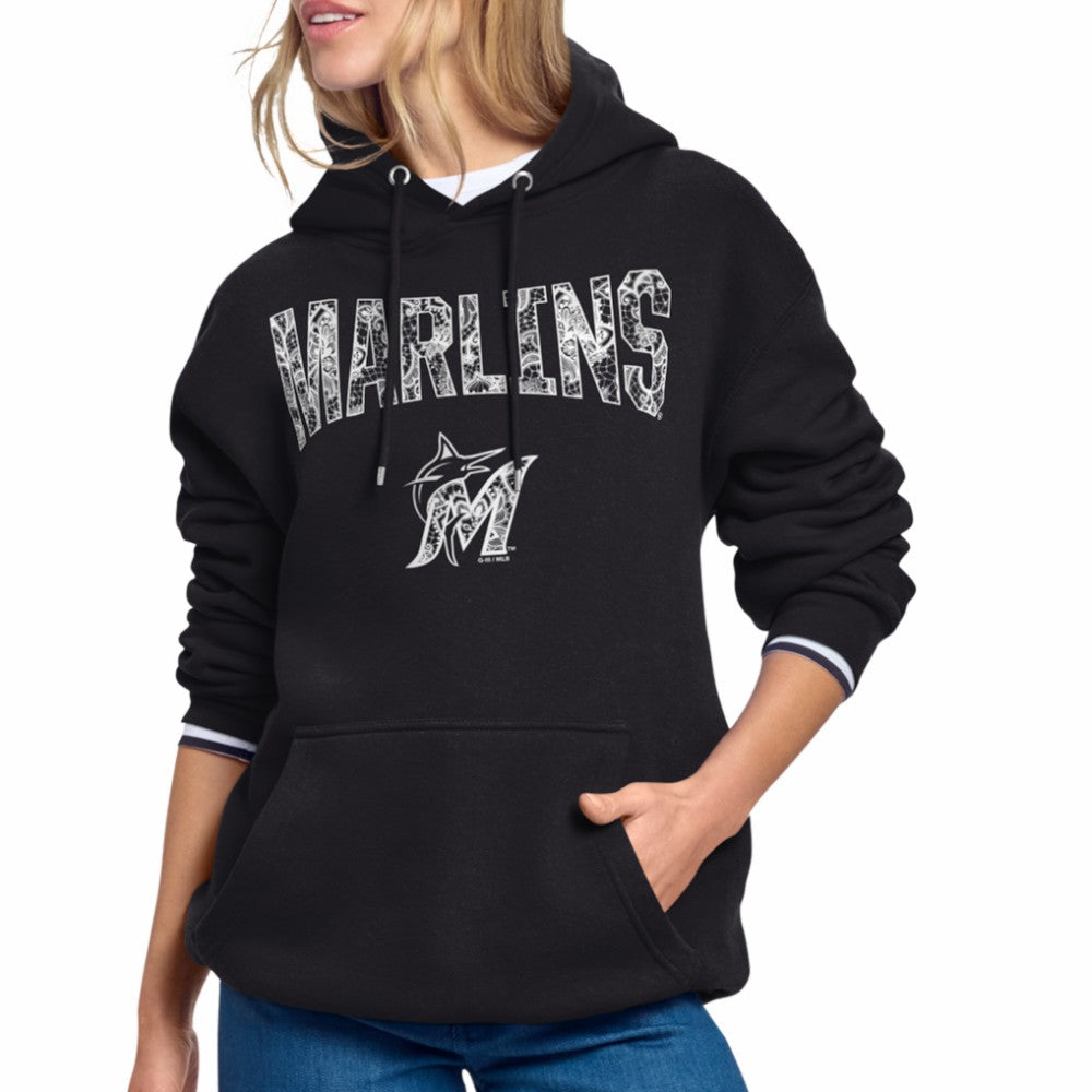 Miami Marlins Starter Women's Lace Team Lockup Fleece Hoodie - MLB Hoodies