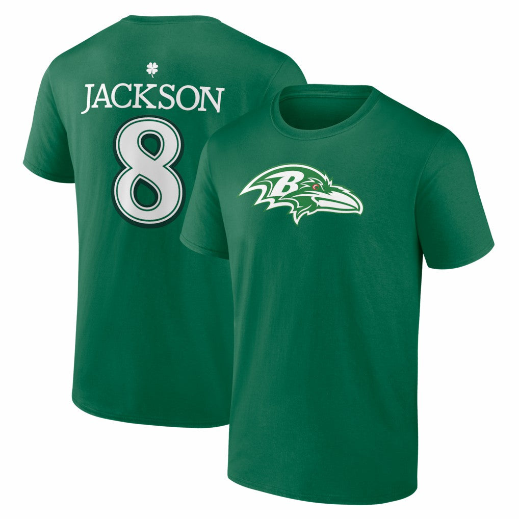 Baltimore Ravens Lamar Jackson  St. Patrick's Day Icon Name & Number T-Shirt | NFL Sale