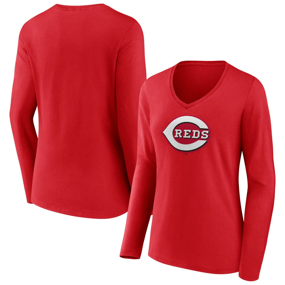 Cincinnati Reds Women's Team Color Primary Logo V-Neck Long Sleeve T-Shirt - MLB T-shirts