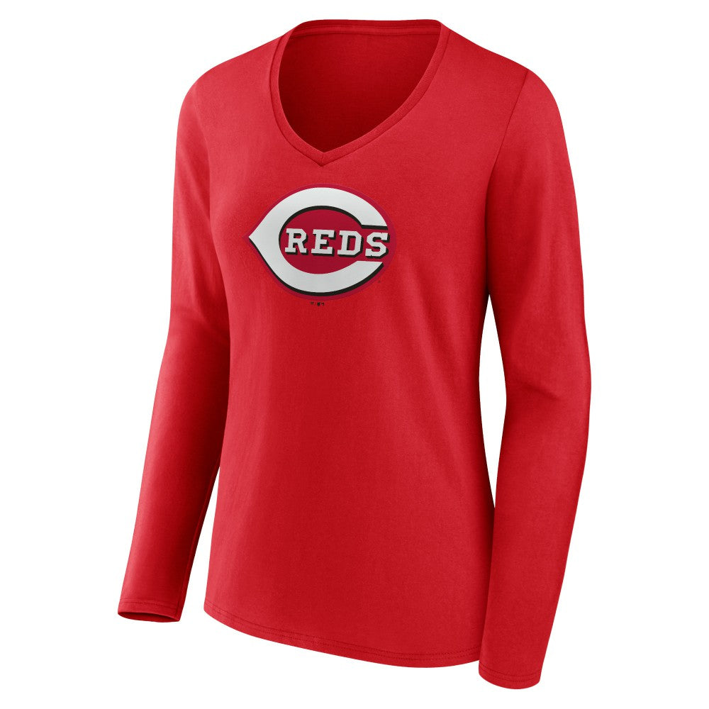 Cincinnati Reds Women's Team Color Primary Logo V-Neck Long Sleeve T-Shirt - MLB T-shirts