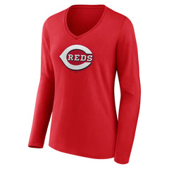 Cincinnati Reds Women's Team Color Primary Logo V-Neck Long Sleeve T-Shirt - MLB T-shirts