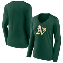 Athletics Women's Team Color Primary Logo V-Neck Long Sleeve T-Shirt - MLB T-shirts