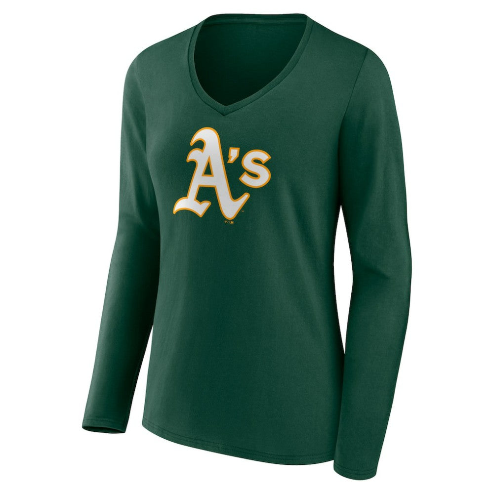 Athletics Women's Team Color Primary Logo V-Neck Long Sleeve T-Shirt - MLB T-shirts