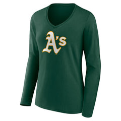 Athletics Women's Team Color Primary Logo V-Neck Long Sleeve T-Shirt - MLB T-shirts