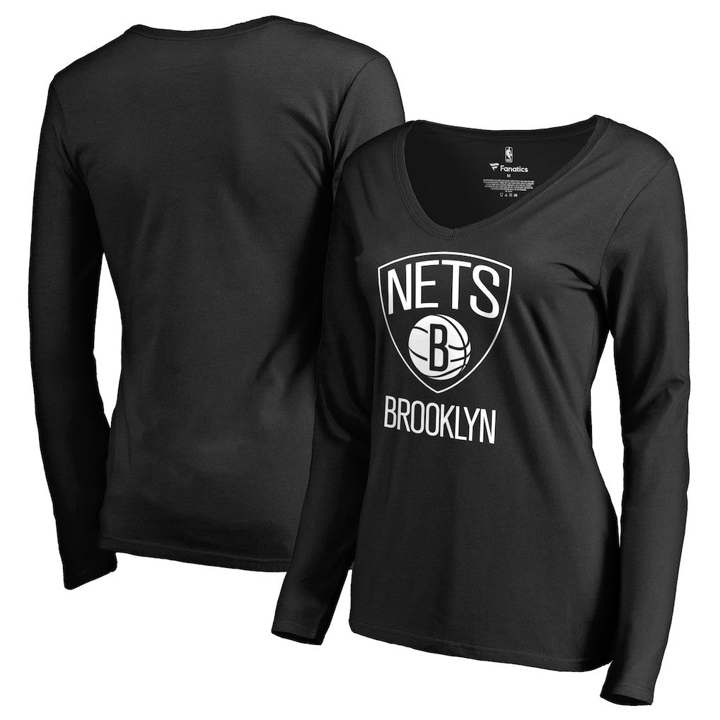 Black Brooklyn Nets Women's Primary Logo V-Neck Long Sleeve T-Shirt | NBA