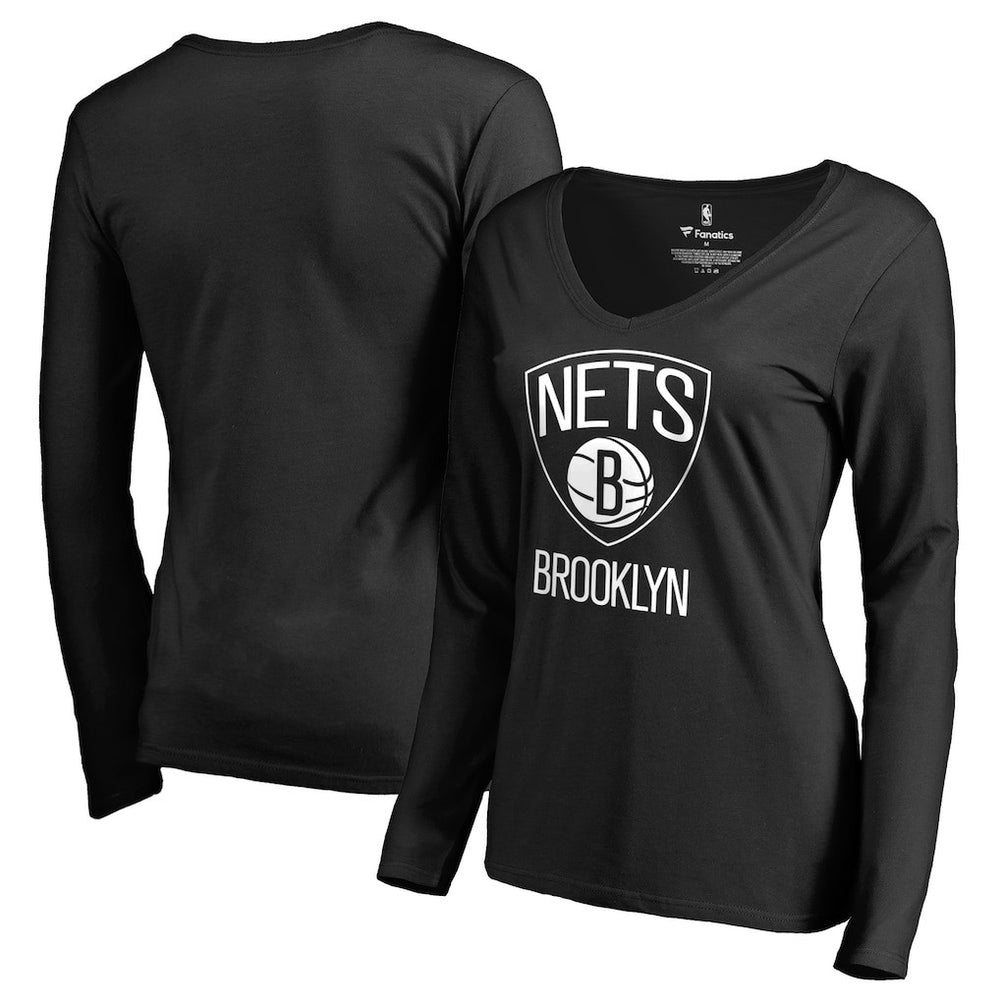 Black Brooklyn Nets Women's Primary Logo V-Neck Long Sleeve T-Shirt | NBA