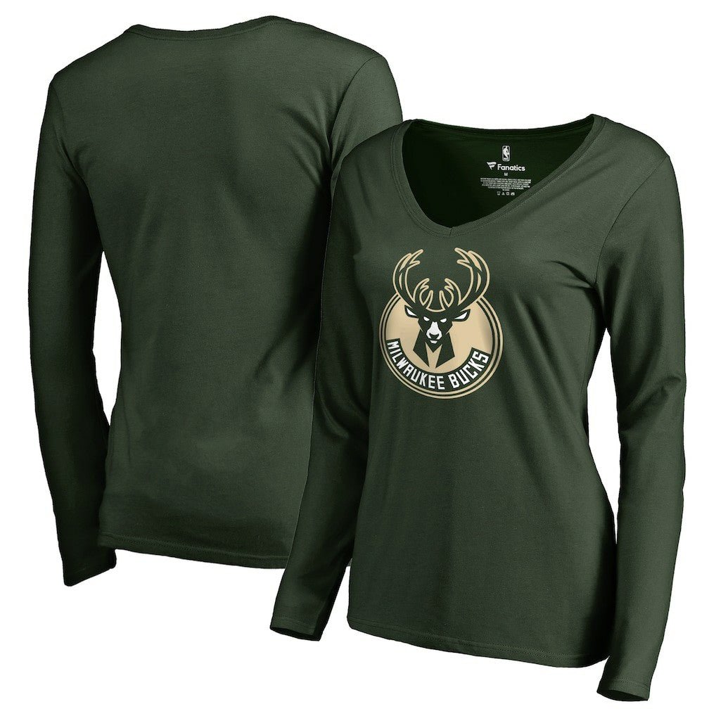 Green Milwaukee Bucks Women's Primary Logo V-Neck Long Sleeve T-Shirt | NBA