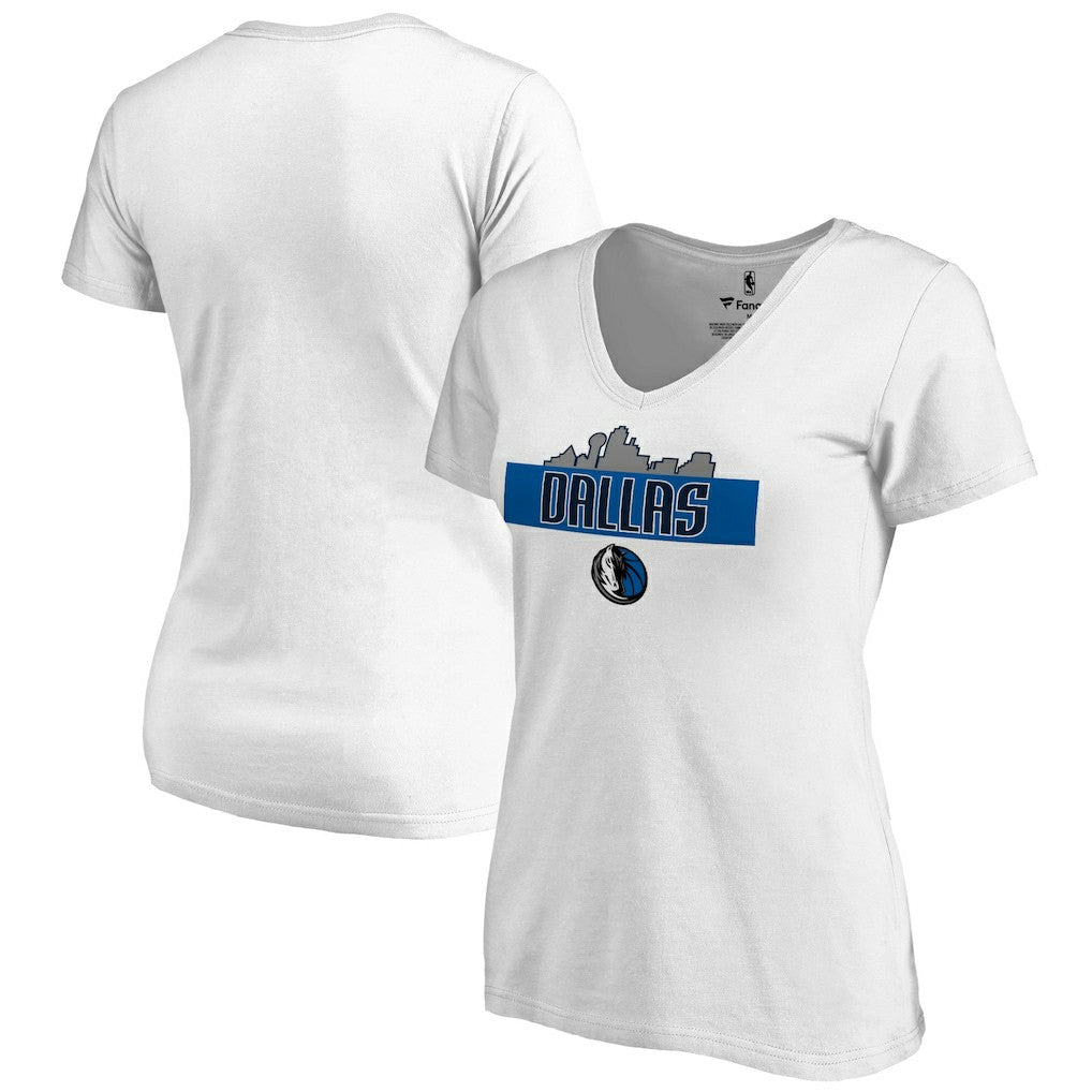 White Dallas Mavericks Women's Hometown Collection Skyline V-Neck T-Shirt sale | NBA