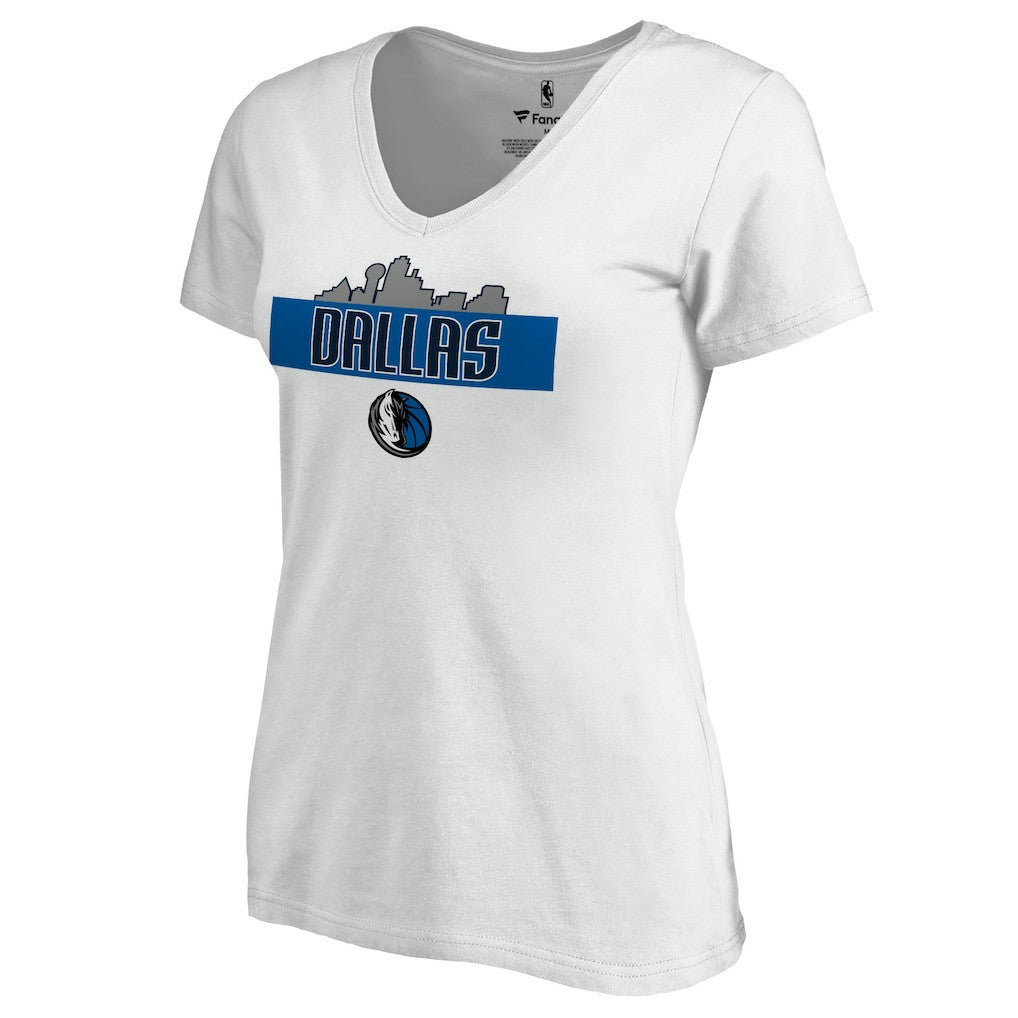 White Dallas Mavericks Women's Hometown Collection Skyline V-Neck T-Shirt sale | NBA