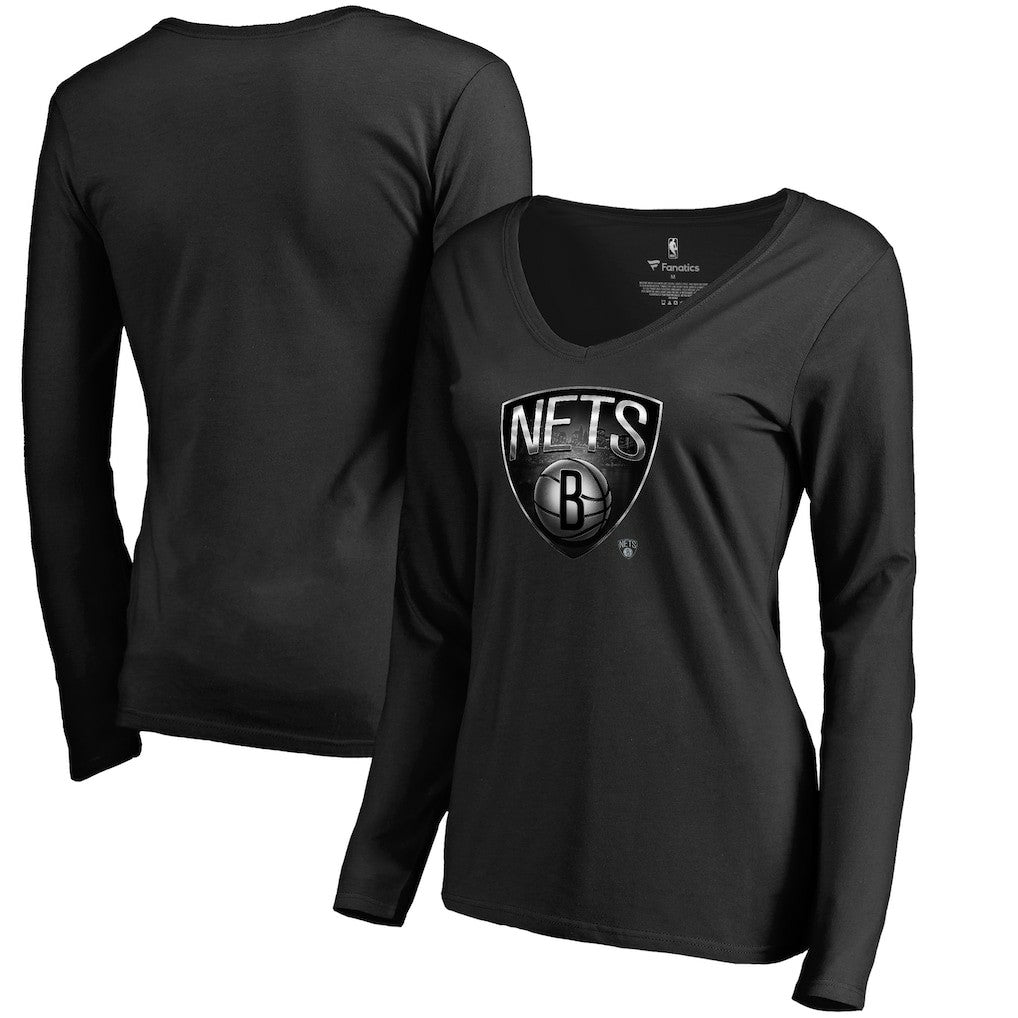 Black Brooklyn Nets Women's Midnight Mascot Long Sleeve V-Neck T-Shirt | NBA