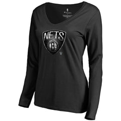Black Brooklyn Nets Women's Midnight Mascot Long Sleeve V-Neck T-Shirt | NBA