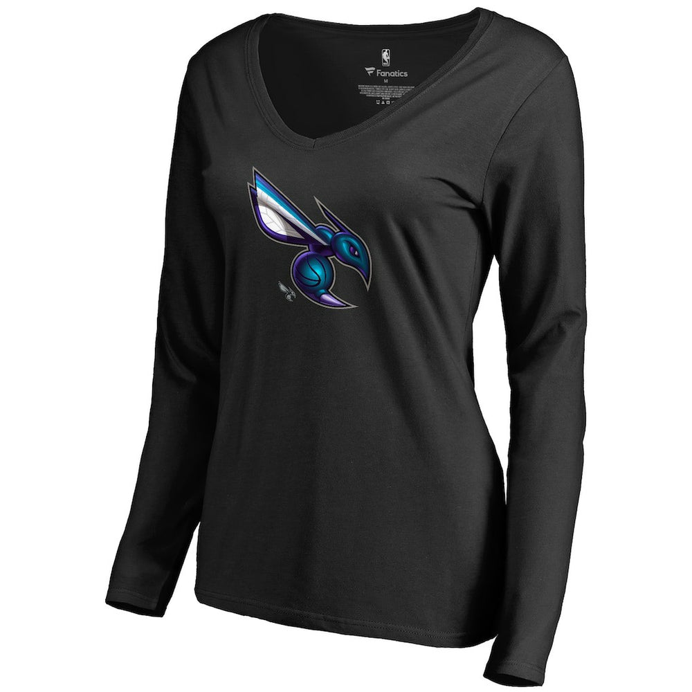 Black Charlotte Hornets Women's Midnight Mascot Long Sleeve V-Neck T-Shirt | NBA
