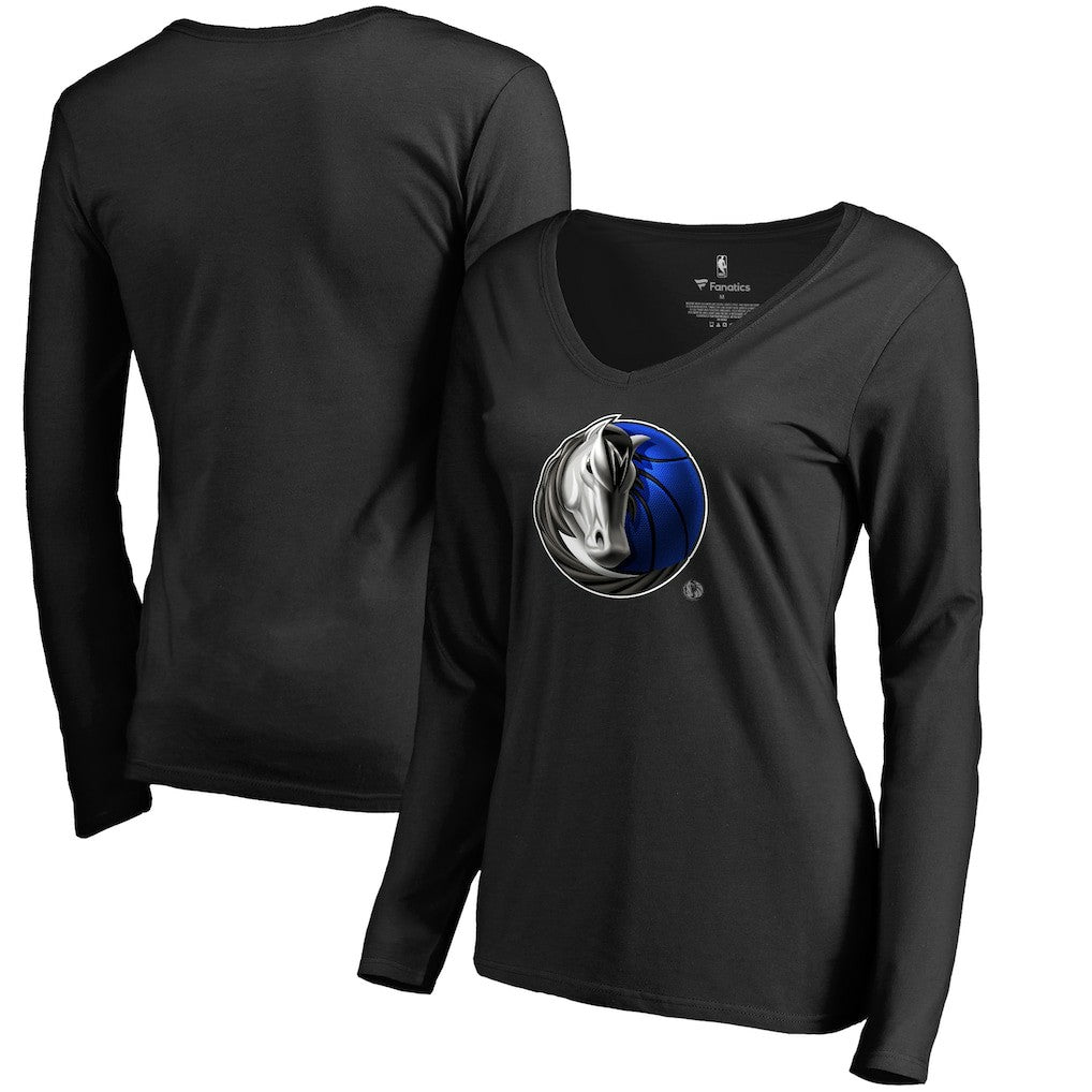 Black Dallas Mavericks Women's Midnight Mascot Long Sleeve V-Neck T-Shirt sale | NBA