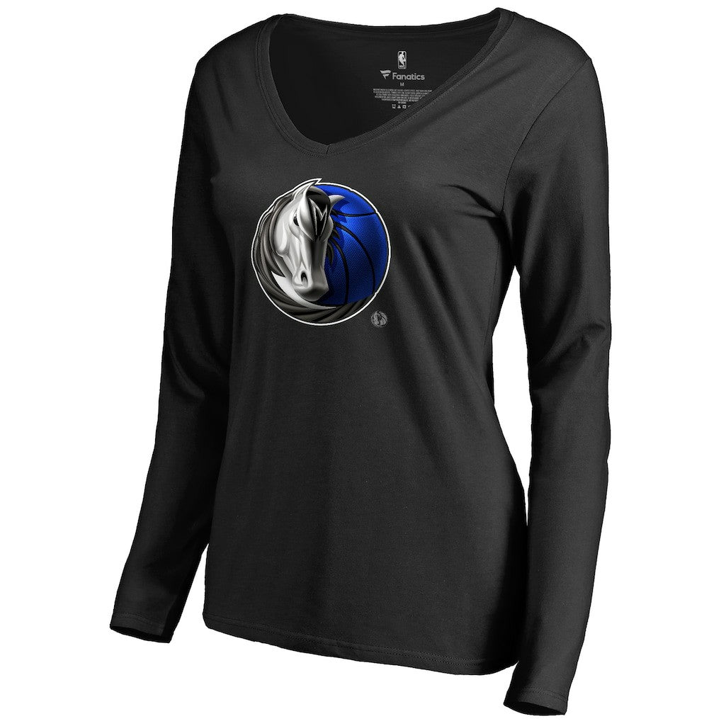 Black Dallas Mavericks Women's Midnight Mascot Long Sleeve V-Neck T-Shirt sale | NBA
