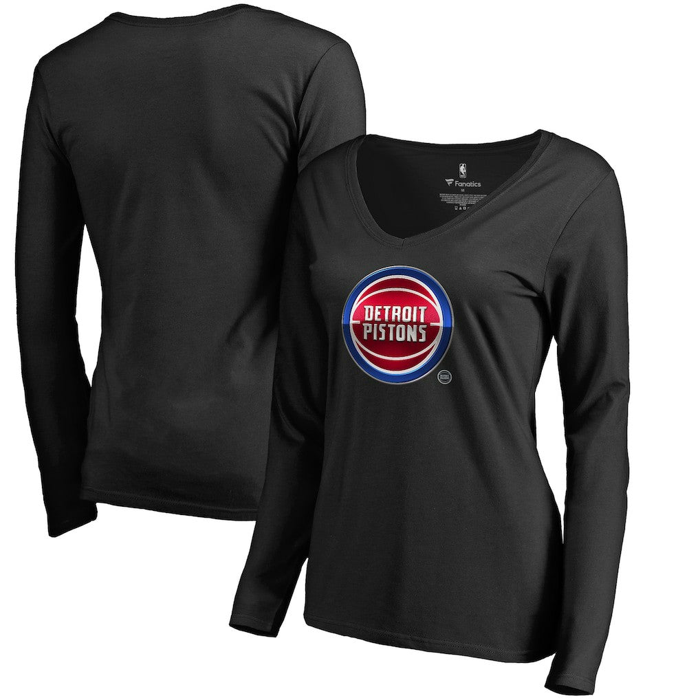 Black Detroit Pistons Women's Midnight Mascot Long Sleeve V-Neck T-Shirt sale | NBA