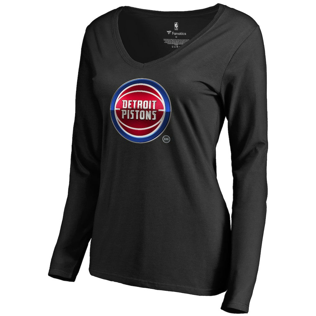 Black Detroit Pistons Women's Midnight Mascot Long Sleeve V-Neck T-Shirt sale | NBA