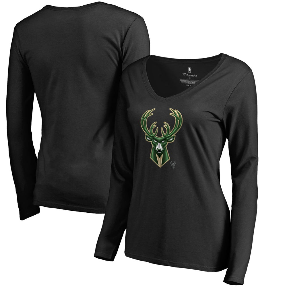 Black Milwaukee Bucks Women's Midnight Mascot Long Sleeve V-Neck T-Shirt | NBA