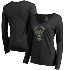 Black Milwaukee Bucks Women's Midnight Mascot Long Sleeve V-Neck T-Shirt | NBA